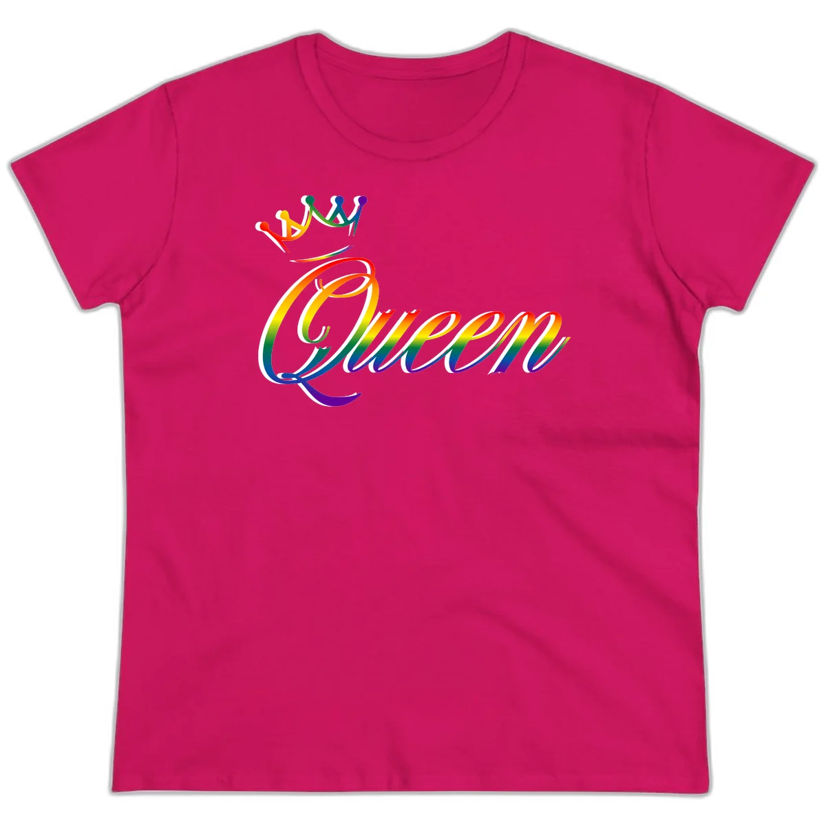 Rainbow queen pride design with four connected figures in pride colors and gradient text in Heliconia