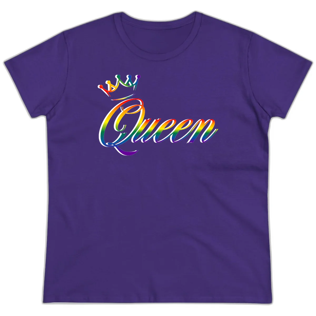 Rainbow queen pride design with four connected figures in pride colors and gradient text in Purple