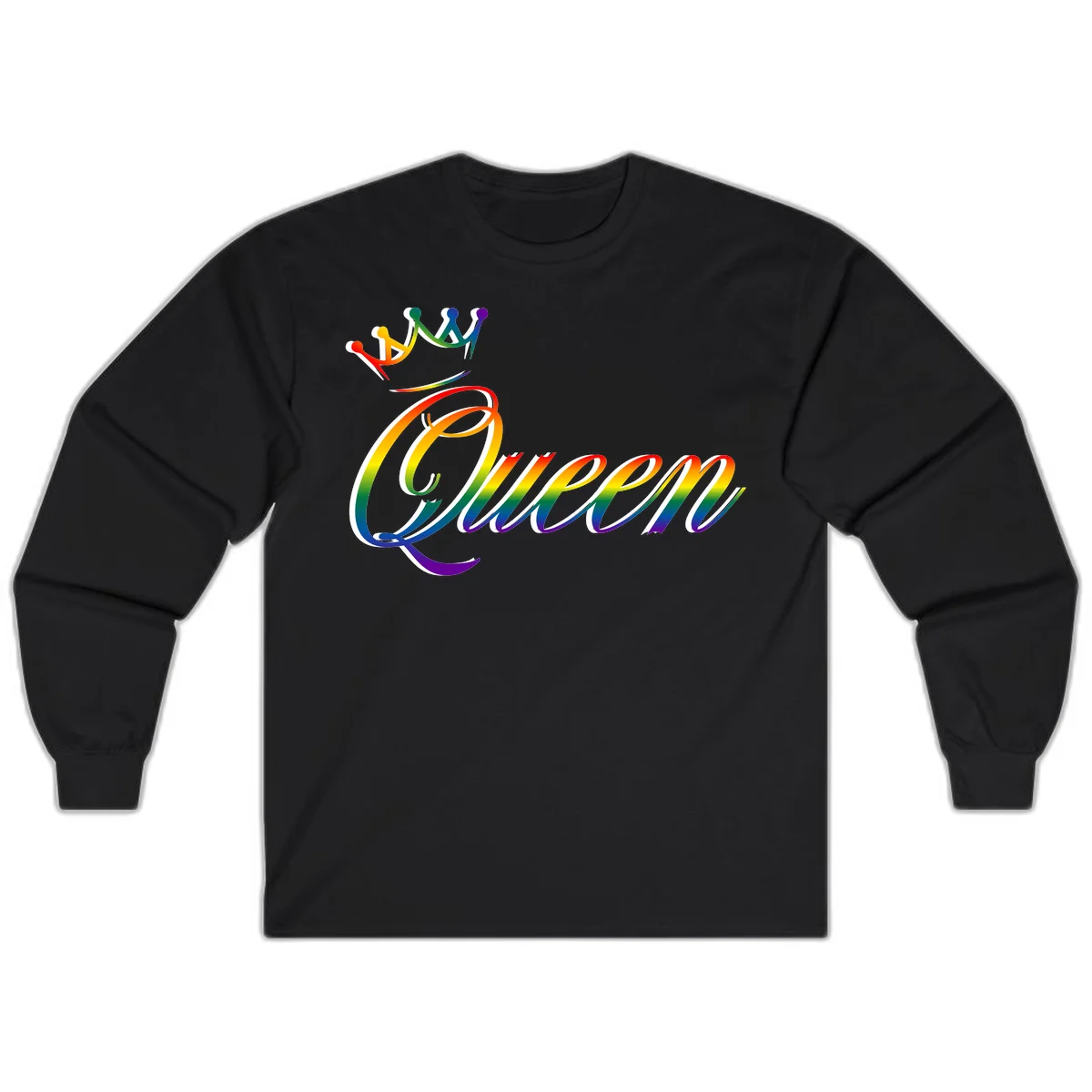 Rainbow queen pride design with four connected figures in pride colors and gradient text in Black