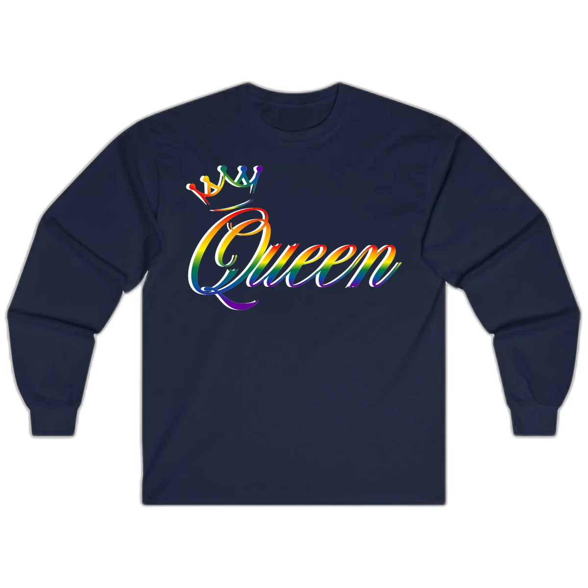 Rainbow queen pride design with four connected figures in pride colors and gradient text in Navy