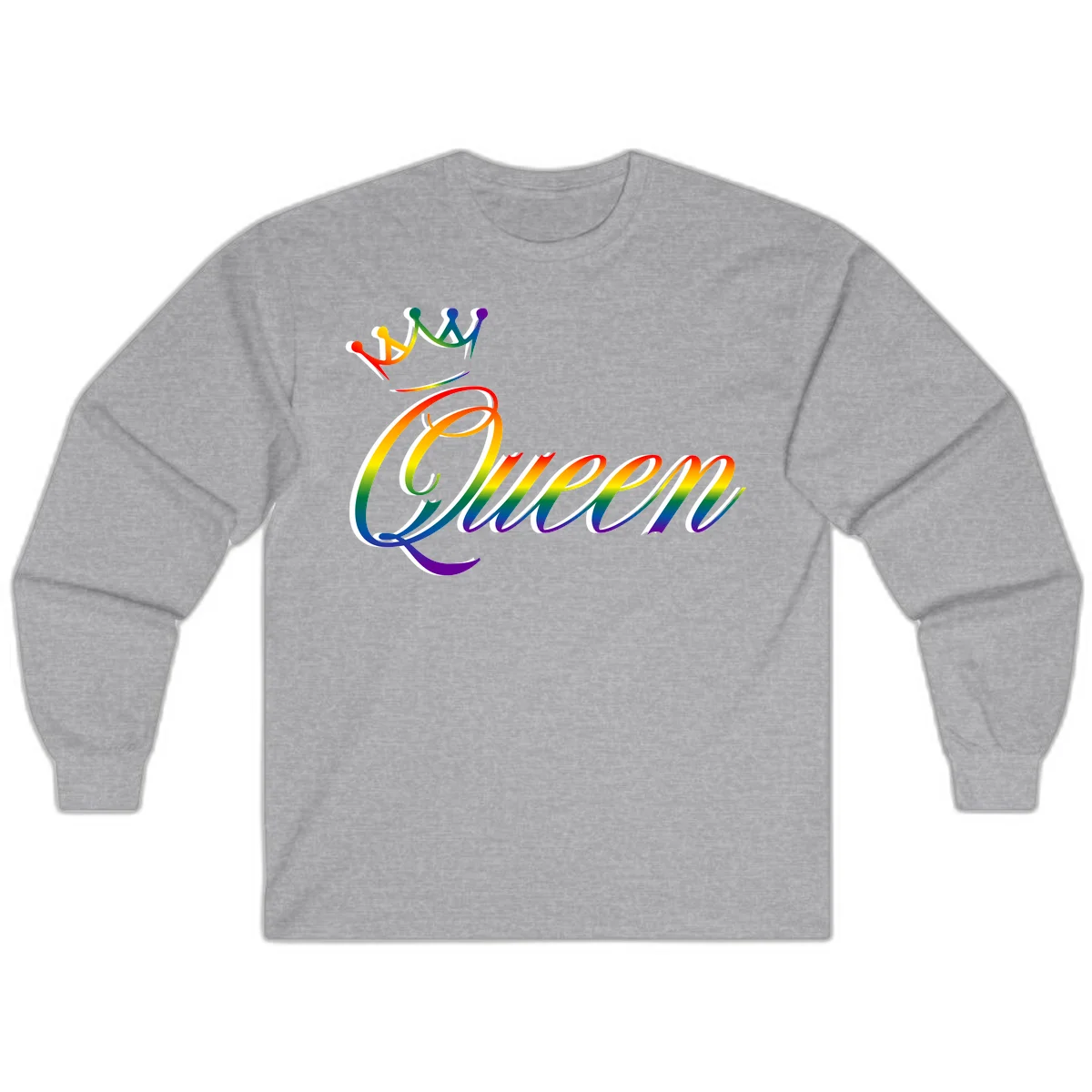 Rainbow queen pride design with four connected figures in pride colors and gradient text in Sport Grey
