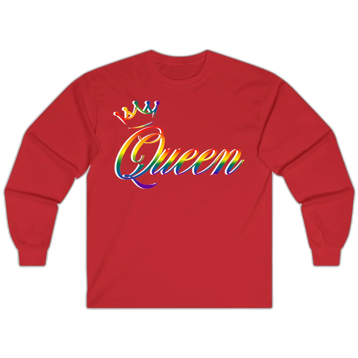 Rainbow queen pride design with four connected figures in pride colors and gradient text in Red