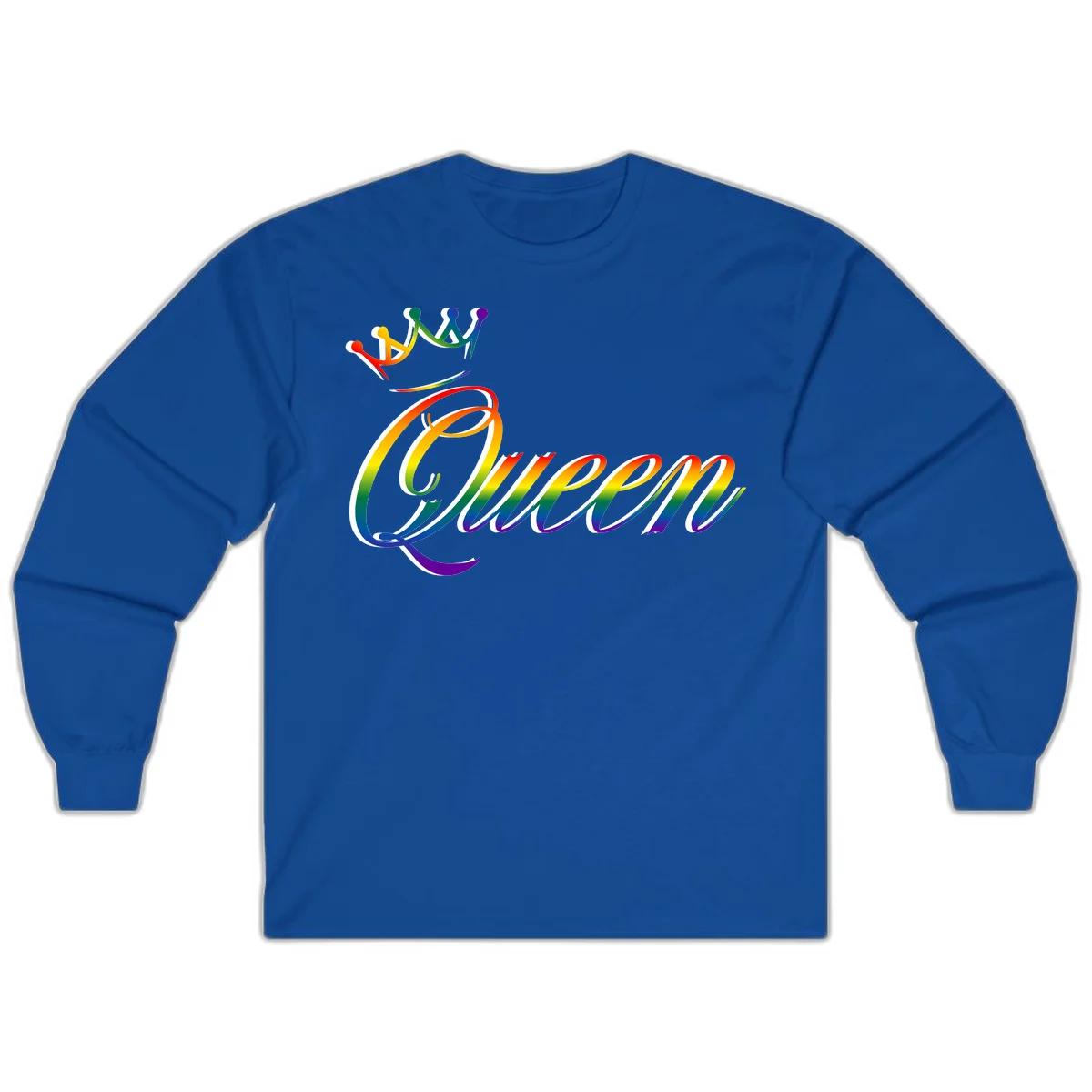 Rainbow queen pride design with four connected figures in pride colors and gradient text in Royal
