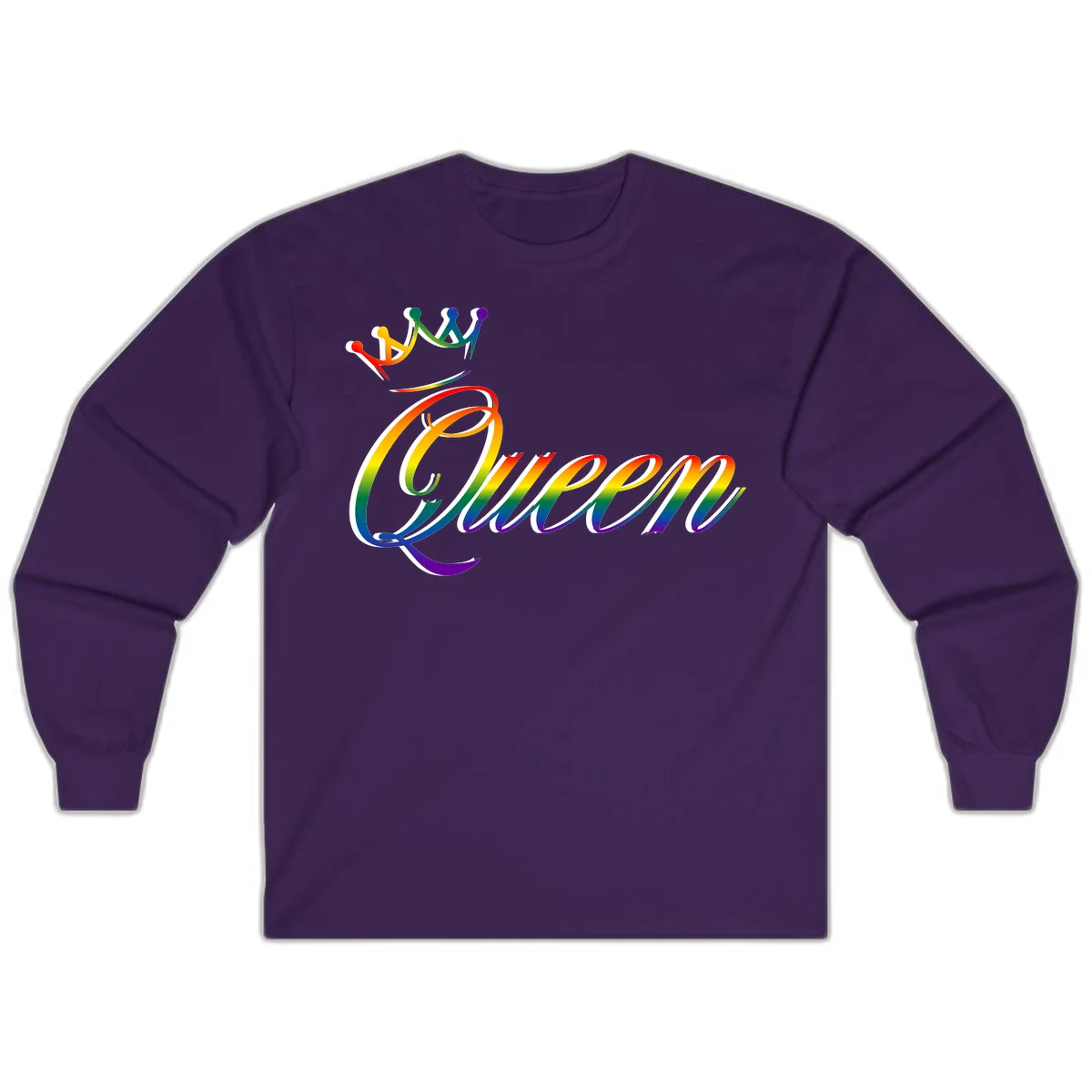 Rainbow queen pride design with four connected figures in pride colors and gradient text in Purple