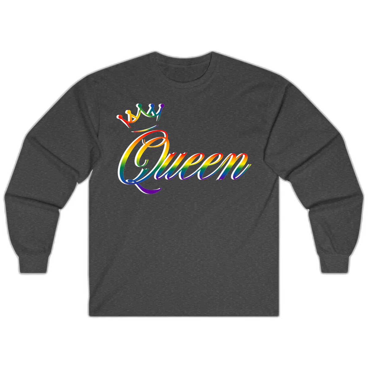 Rainbow queen pride design with four connected figures in pride colors and gradient text in Dark Heather
