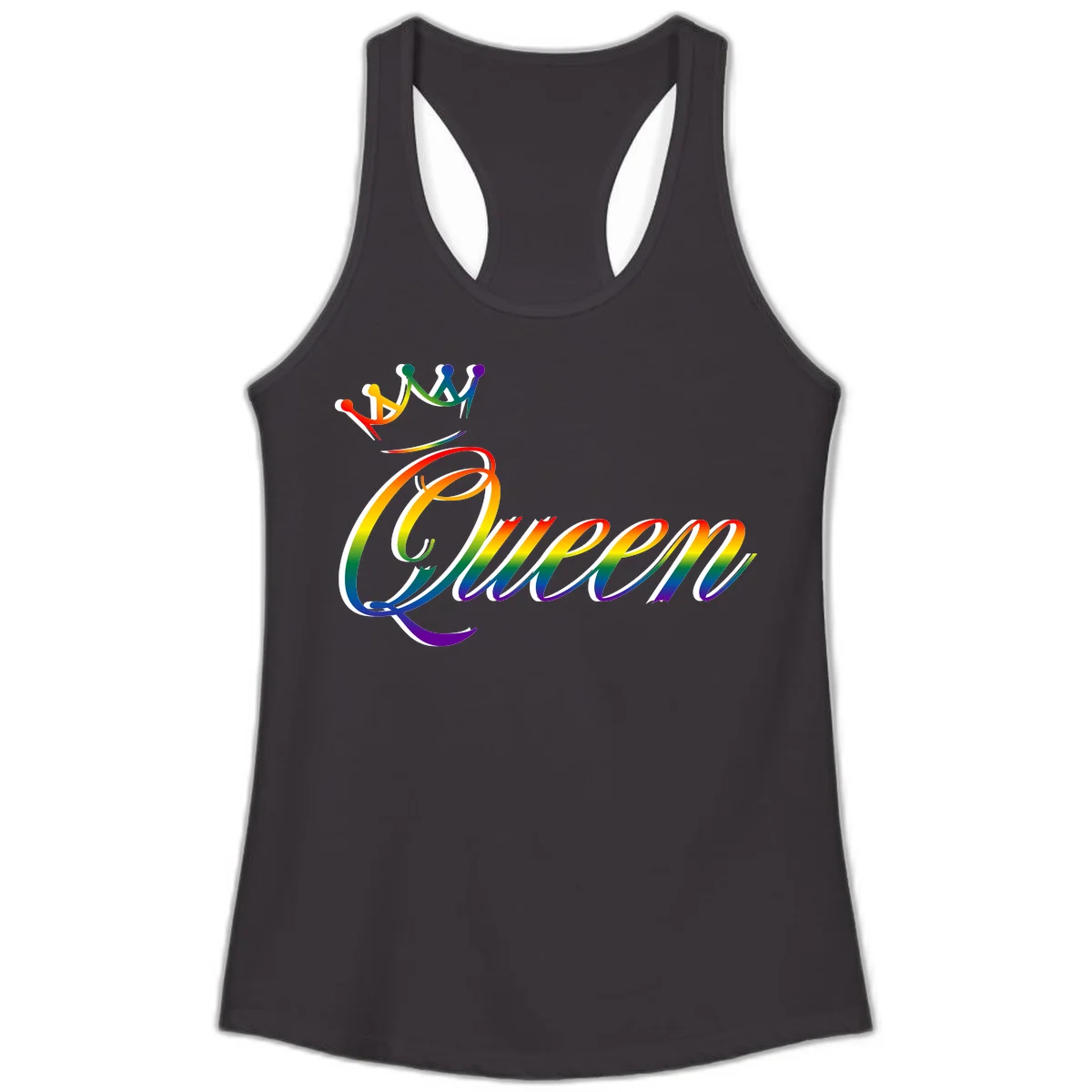 Rainbow queen pride design with four connected figures in pride colors and gradient text in Black