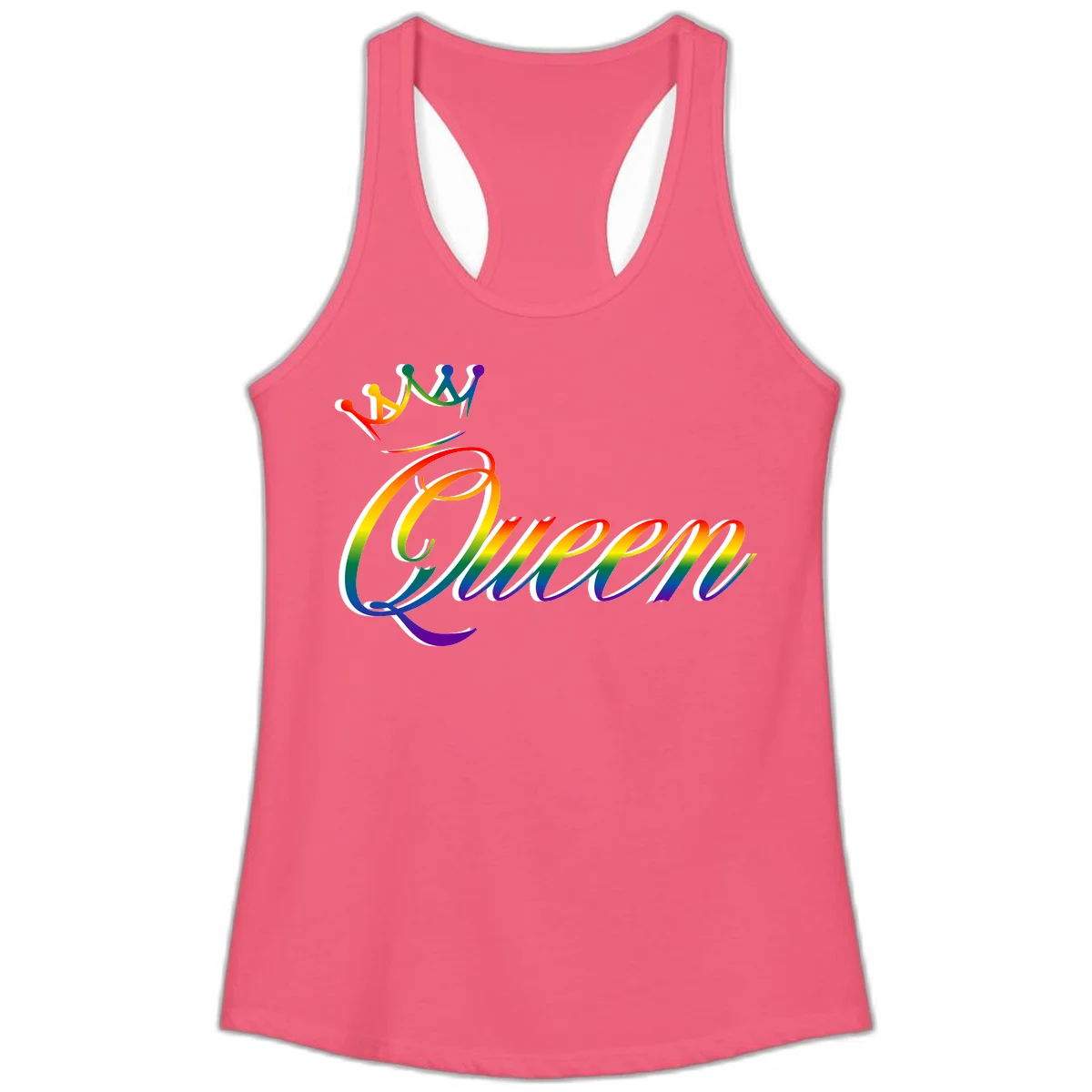 Rainbow queen pride design with four connected figures in pride colors and gradient text in Hot Pink