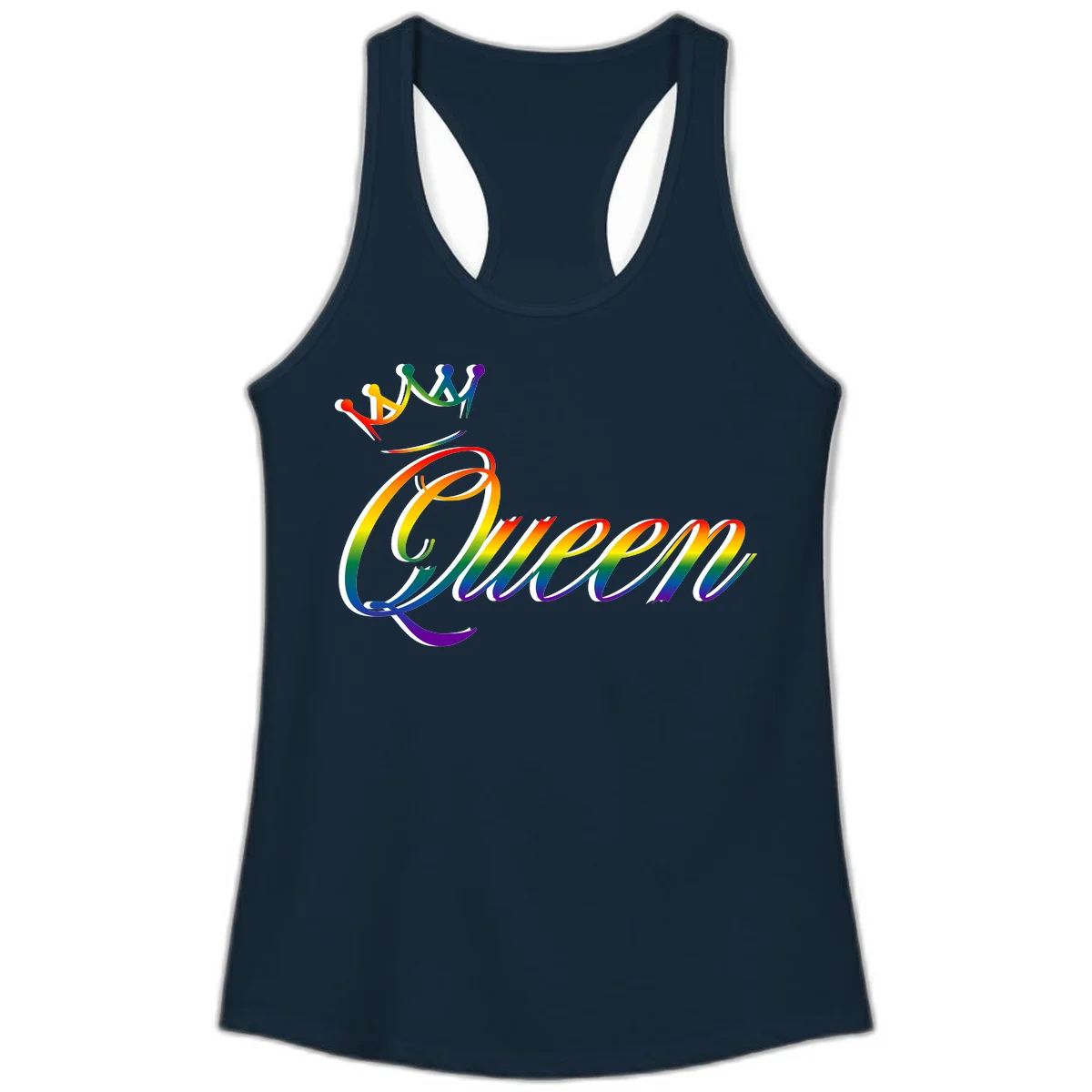 Rainbow queen pride design with four connected figures in pride colors and gradient text in Solid Midnight Navy