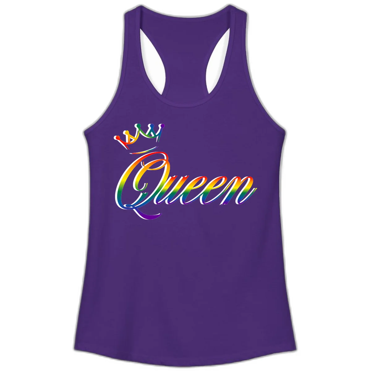 Rainbow queen pride design with four connected figures in pride colors and gradient text in Solid Purple Rush
