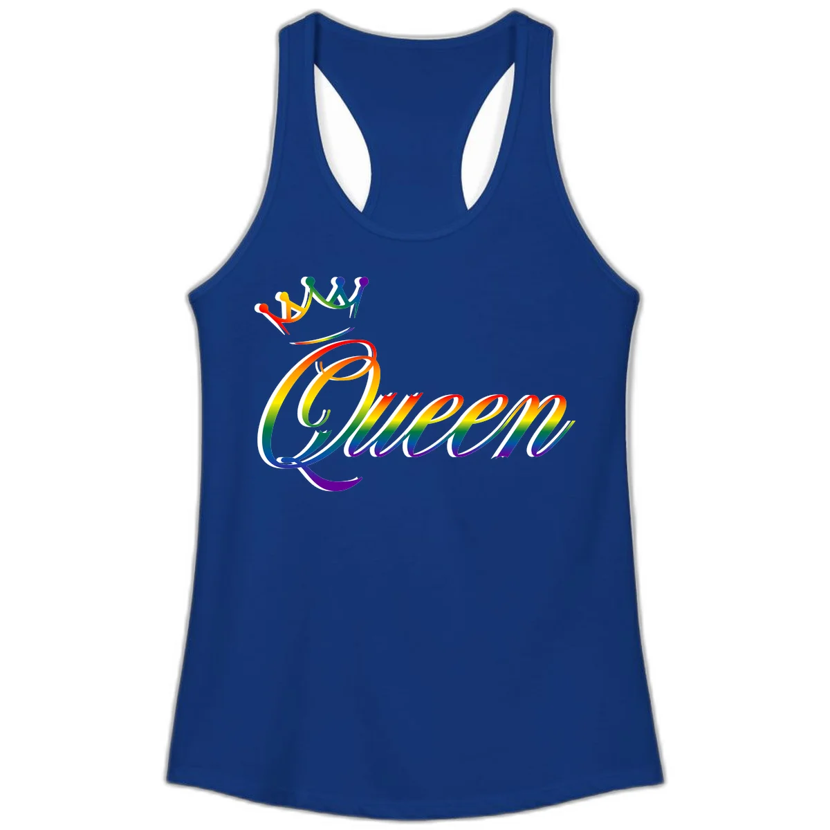 Rainbow queen pride design with four connected figures in pride colors and gradient text in Solid Royal