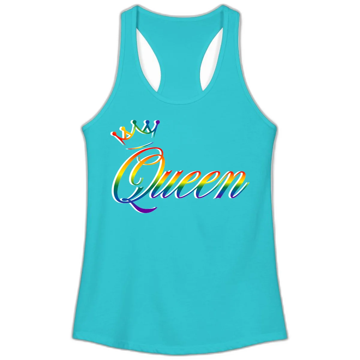 Rainbow queen pride design with four connected figures in pride colors and gradient text in Solid Tahiti Blue