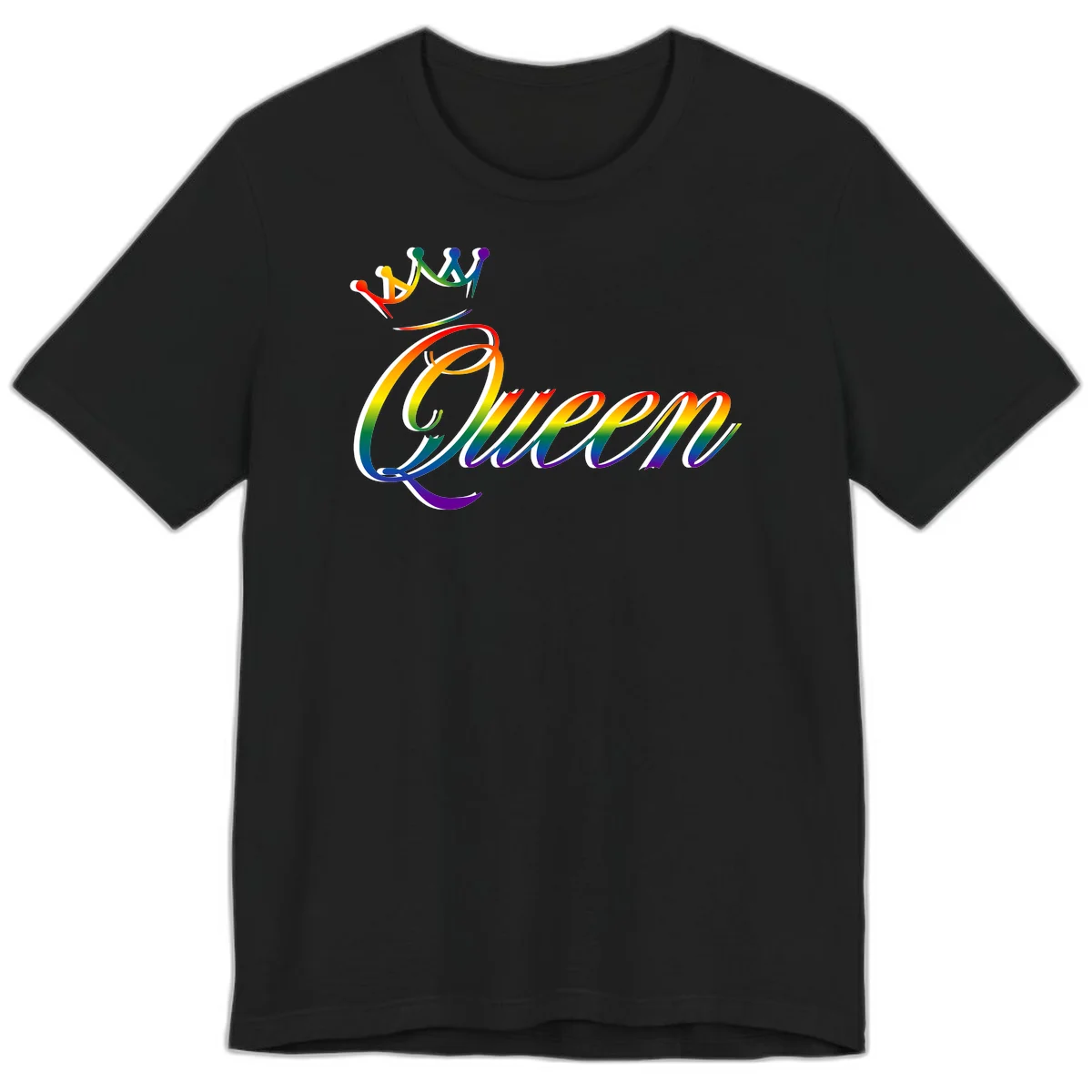 Rainbow queen pride design with four connected figures in pride colors and gradient text in Black