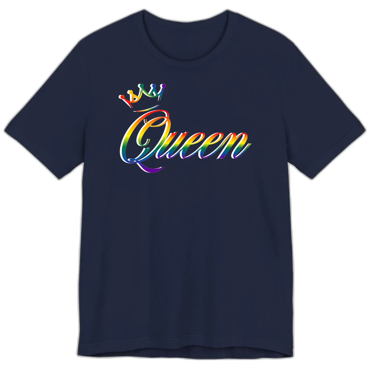 Rainbow queen pride design with four connected figures in pride colors and gradient text in Navy