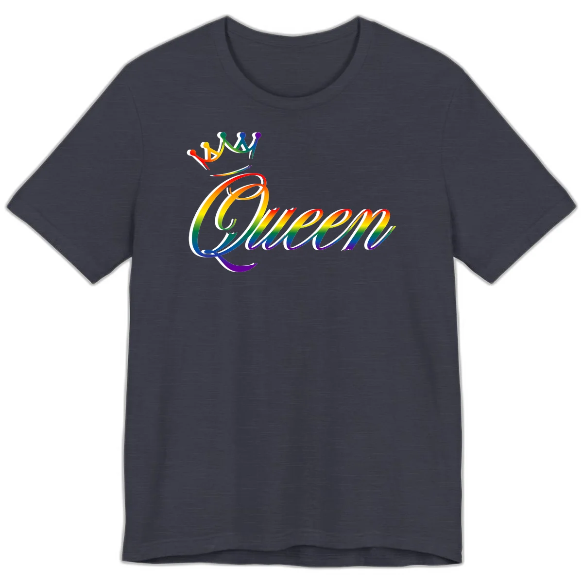 Rainbow queen pride design with four connected figures in pride colors and gradient text in Heather Midnight Navy