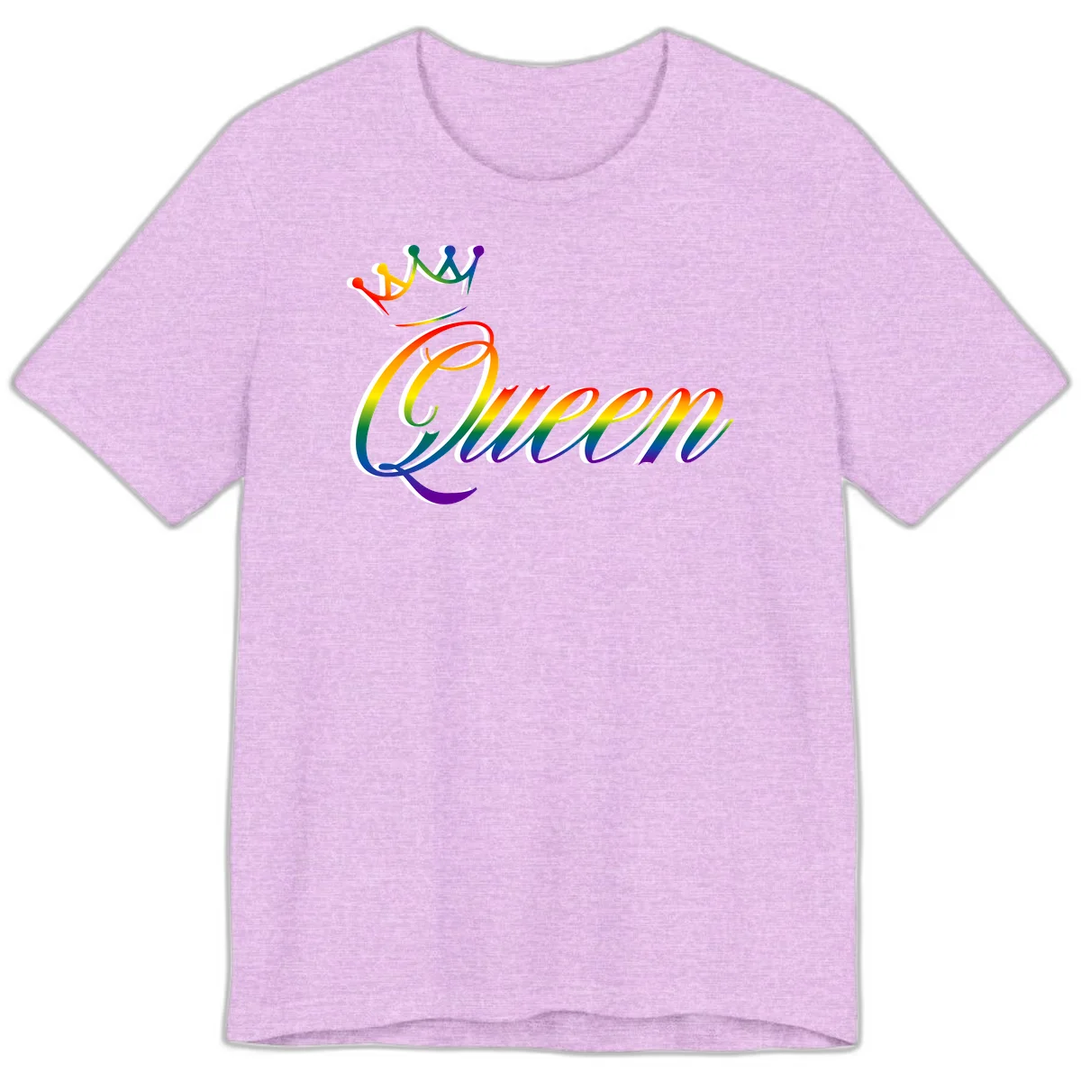 Rainbow queen pride design with four connected figures in pride colors and gradient text in Heather Prism Lilac