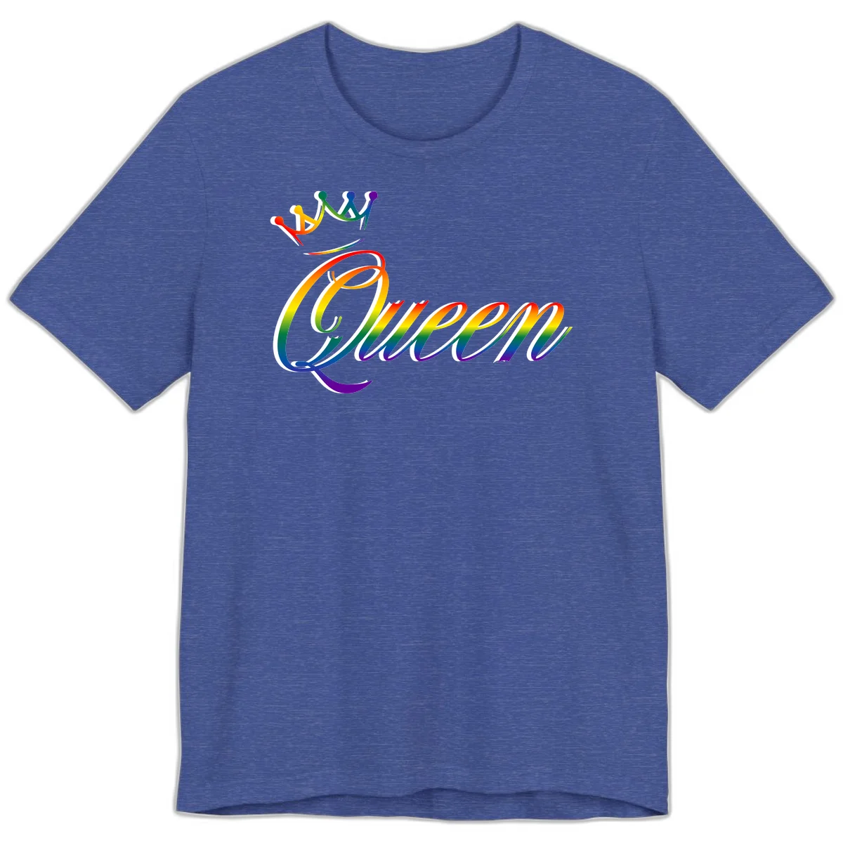 Rainbow queen pride design with four connected figures in pride colors and gradient text in Heather True Royal