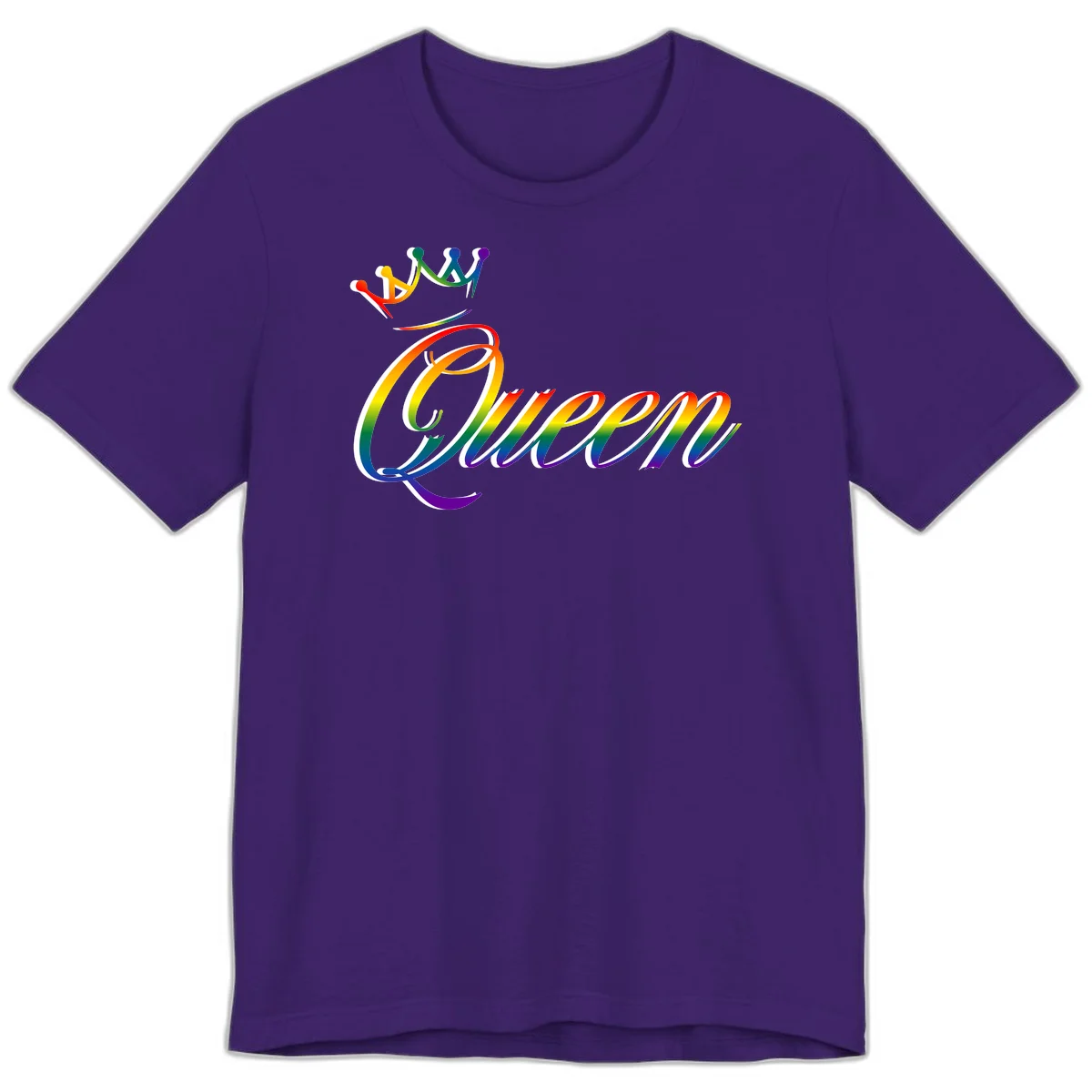 Rainbow queen pride design with four connected figures in pride colors and gradient text in Team Purple