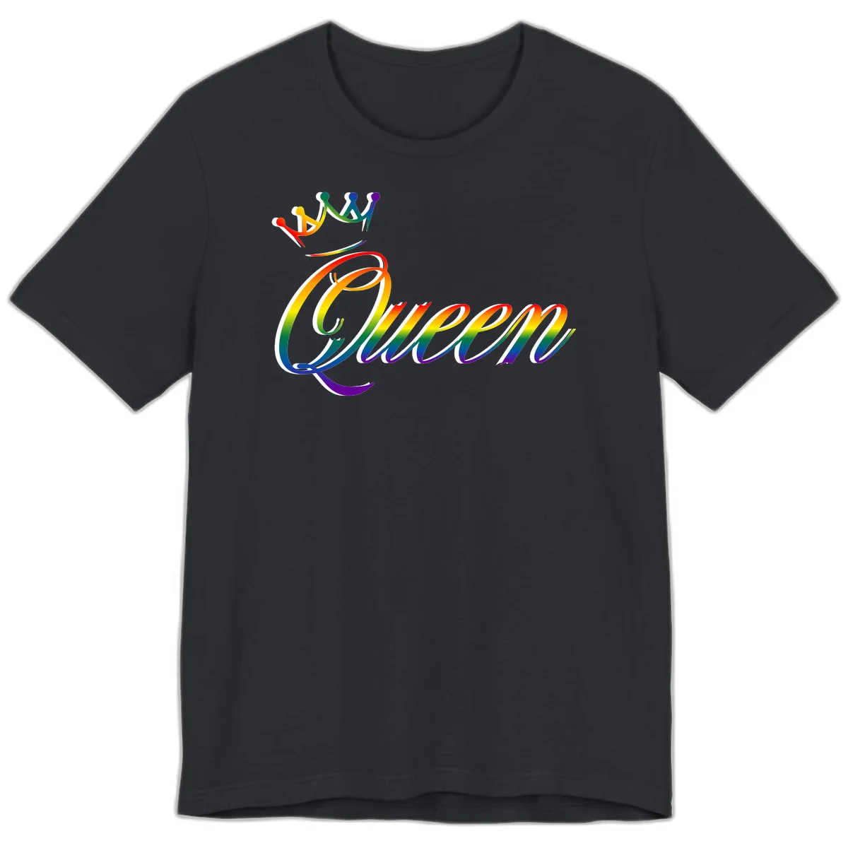 Rainbow queen pride design with four connected figures in pride colors and gradient text in Vintage Black