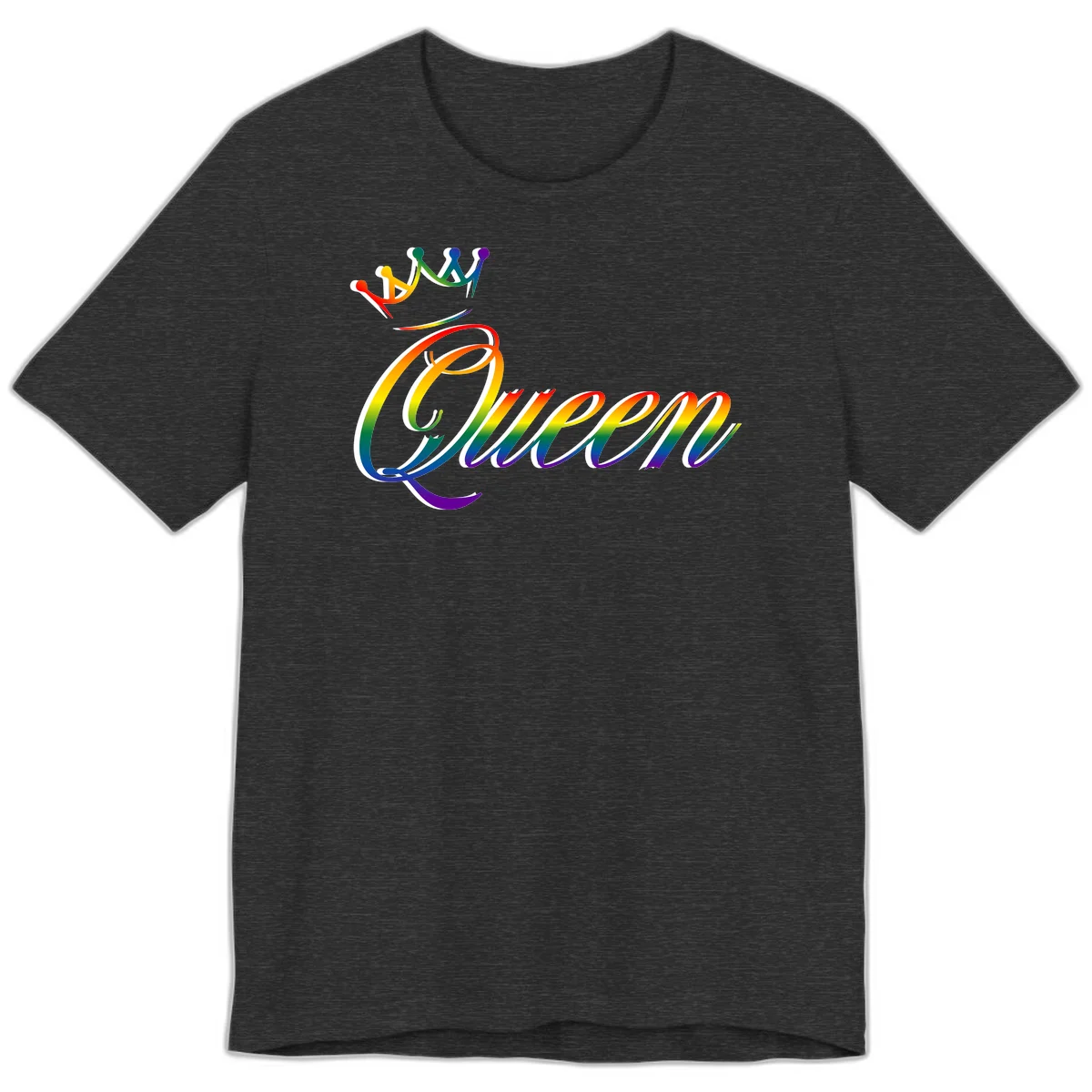 Rainbow queen pride design with four connected figures in pride colors and gradient text in Dark Grey Heather