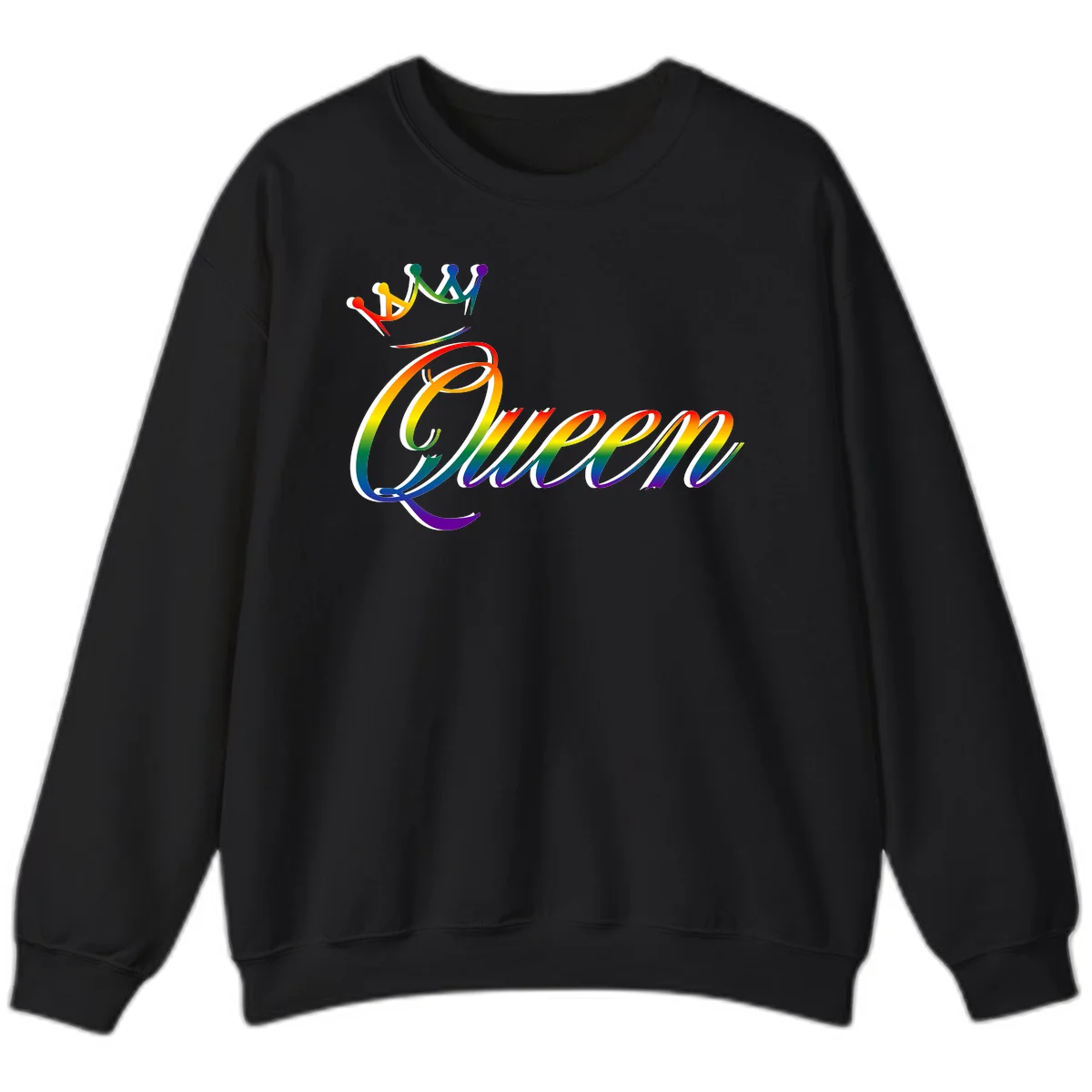 Rainbow queen pride design with four connected figures in pride colors and gradient text in Black