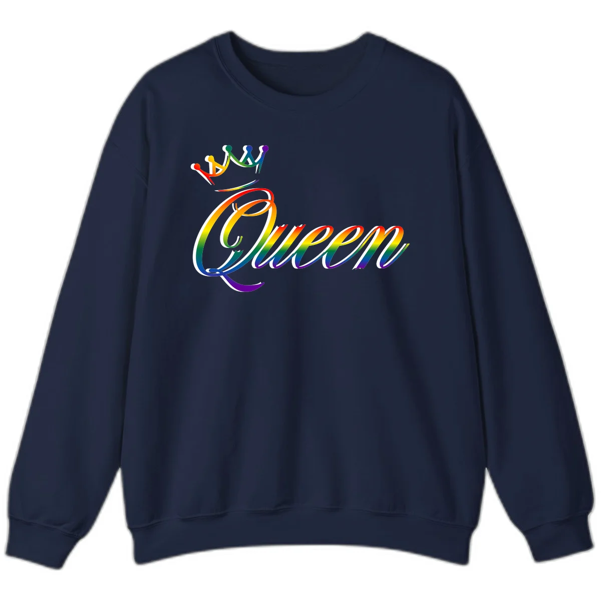 Rainbow queen pride design with four connected figures in pride colors and gradient text in Navy