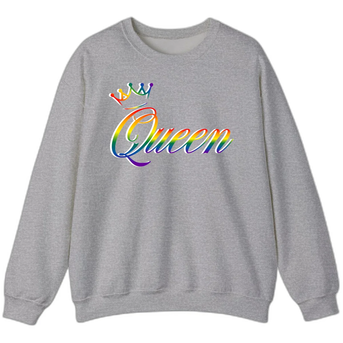 Rainbow queen pride design with four connected figures in pride colors and gradient text in Sport Grey