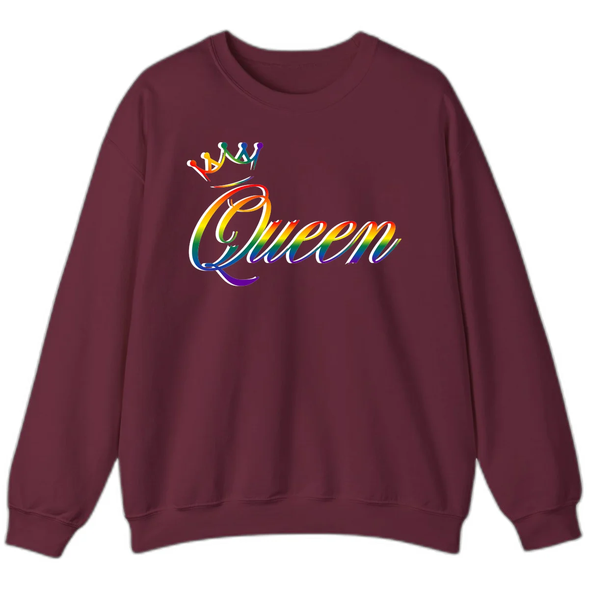 Rainbow queen pride design with four connected figures in pride colors and gradient text in Maroon