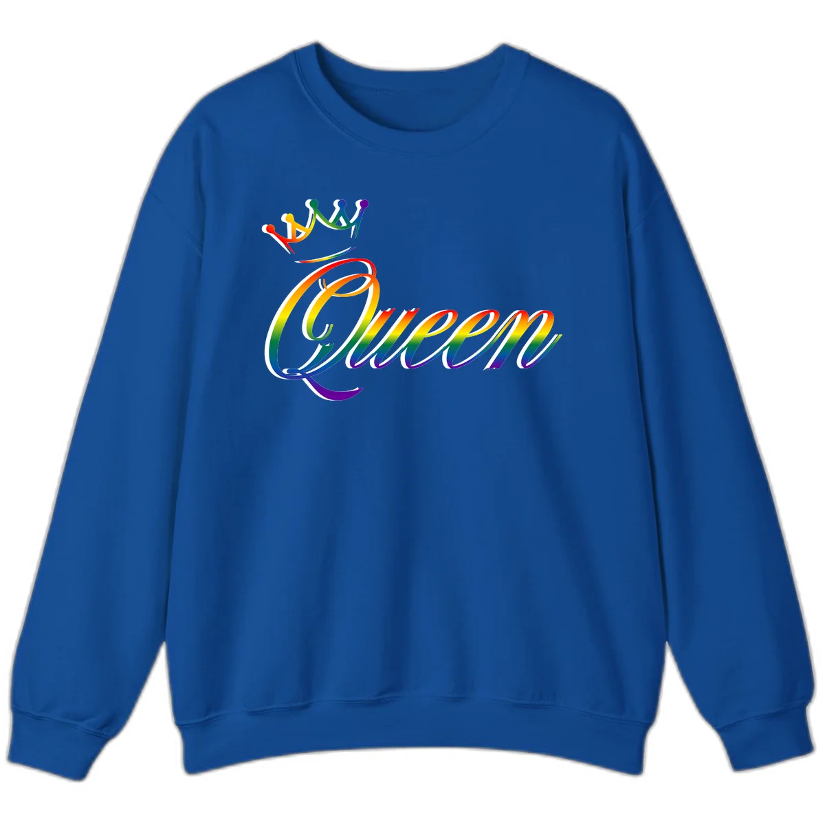 Rainbow queen pride design with four connected figures in pride colors and gradient text in Royal