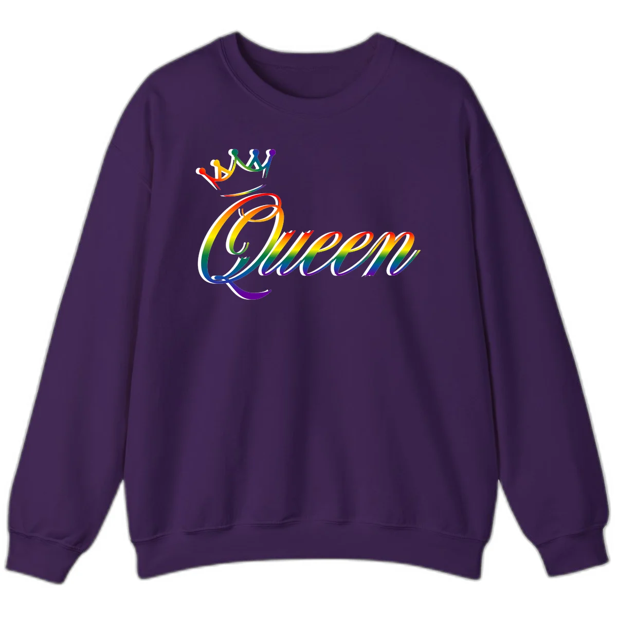 Rainbow queen pride design with four connected figures in pride colors and gradient text in Purple