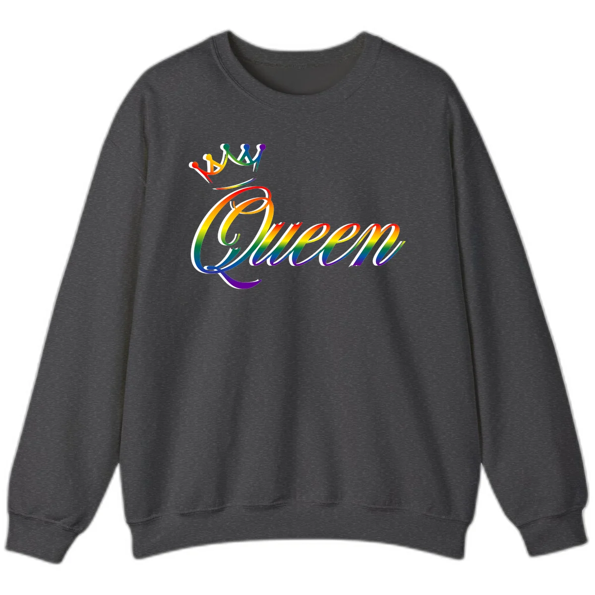 Rainbow queen pride design with four connected figures in pride colors and gradient text in Dark Heather