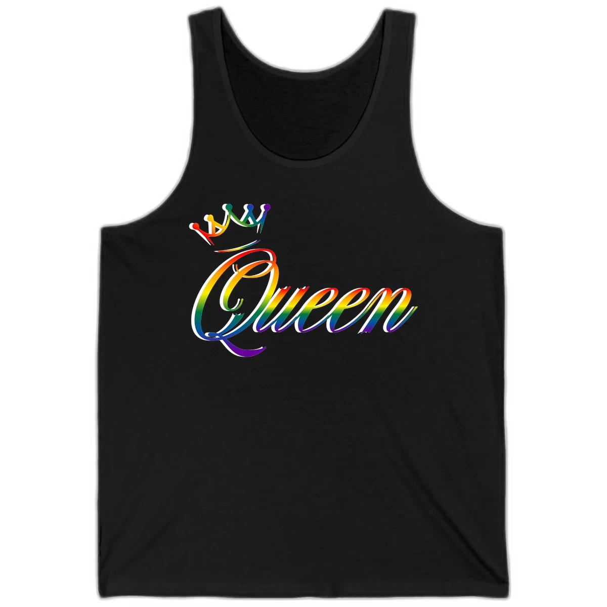 Rainbow queen pride design with four connected figures in pride colors and gradient text in Black