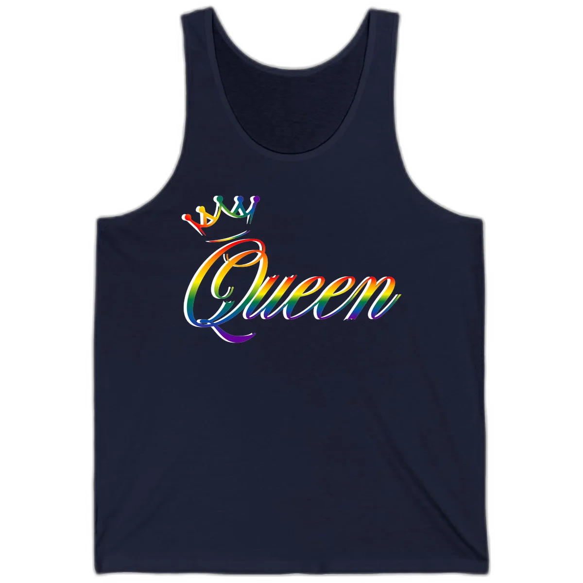 Rainbow queen pride design with four connected figures in pride colors and gradient text in Navy