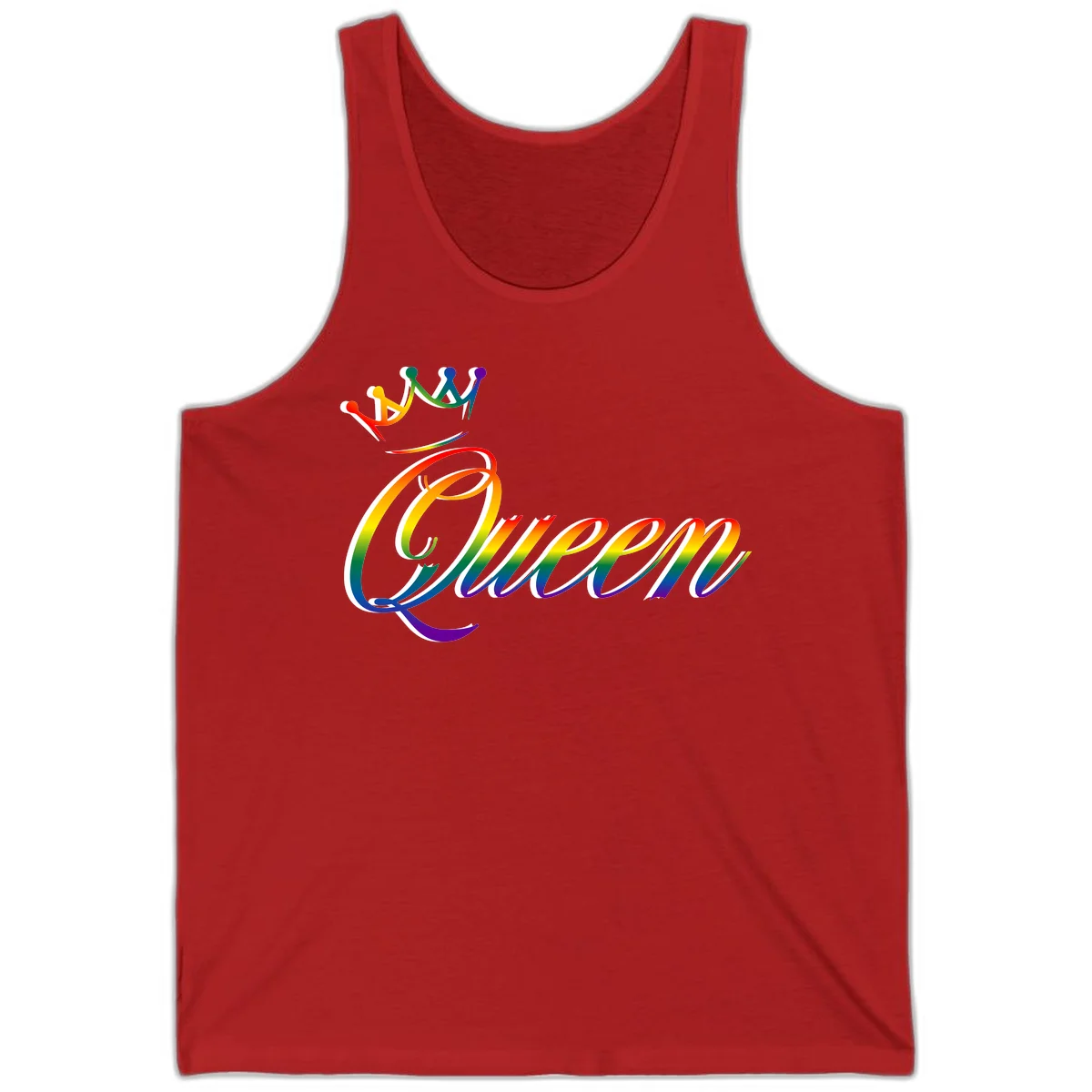 Rainbow queen pride design with four connected figures in pride colors and gradient text in Red