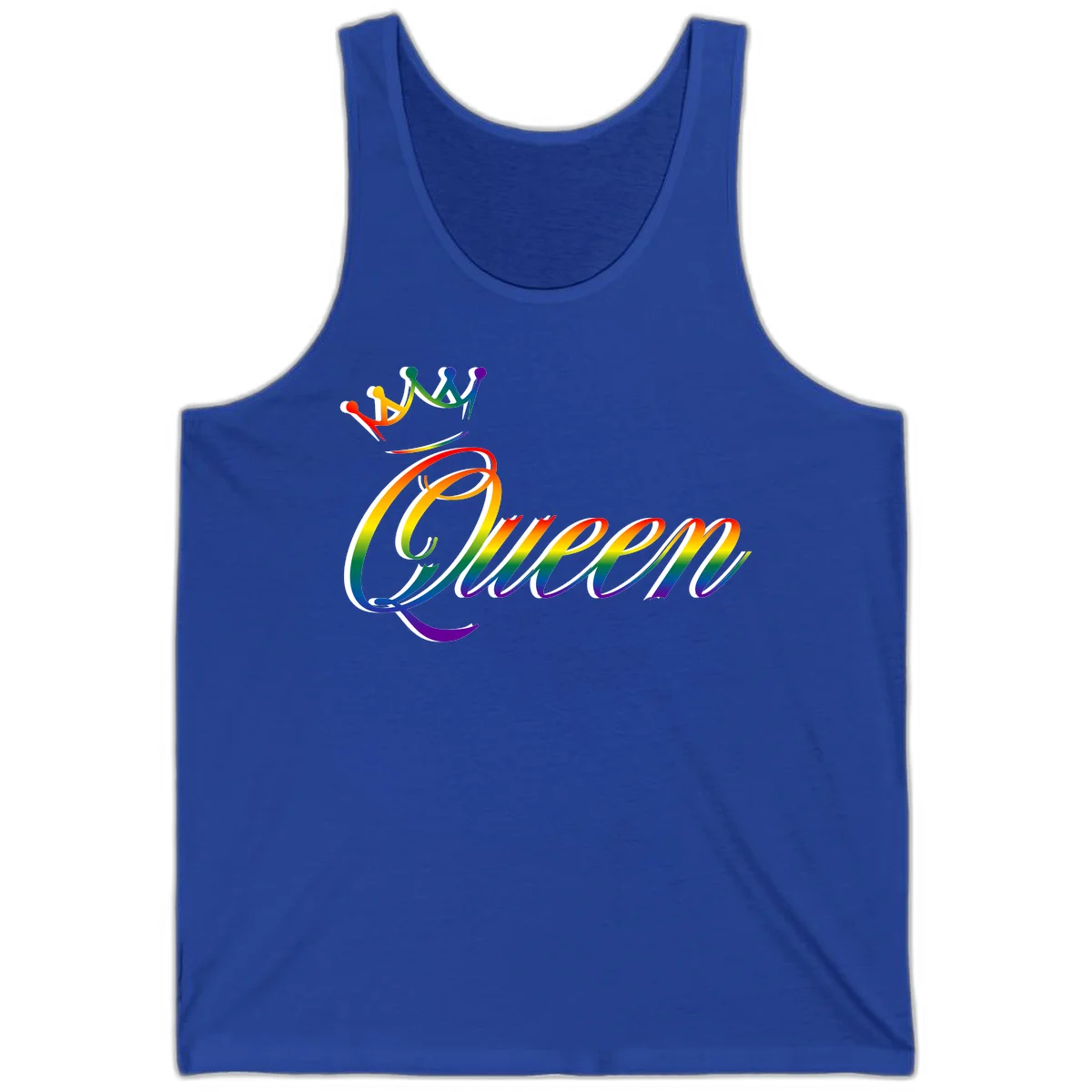 Rainbow queen pride design with four connected figures in pride colors and gradient text in True Royal
