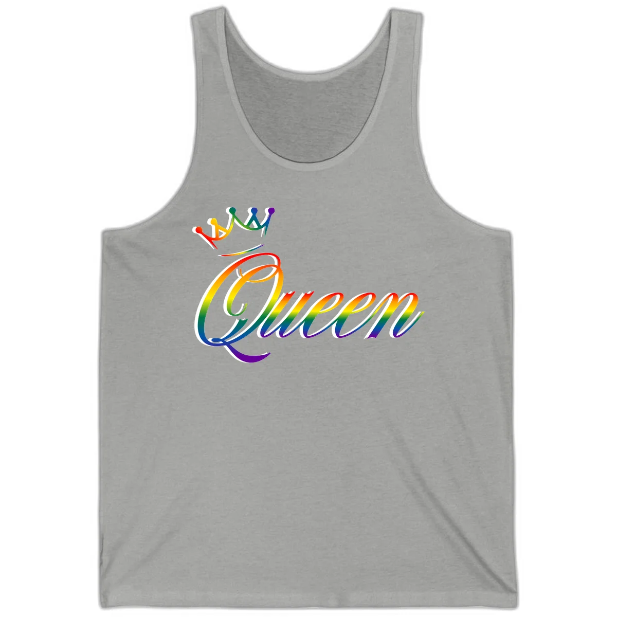 Rainbow queen pride design with four connected figures in pride colors and gradient text in Athletic Heather