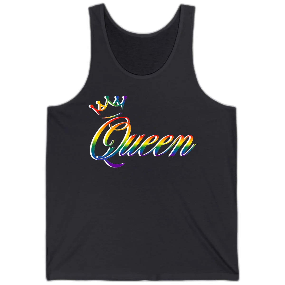 Rainbow queen pride design with four connected figures in pride colors and gradient text in Dark Grey