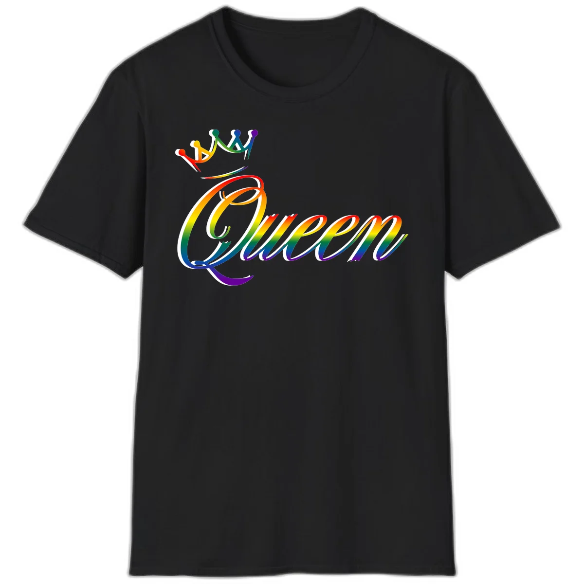 Rainbow queen pride design with four connected figures in pride colors and gradient text in Black