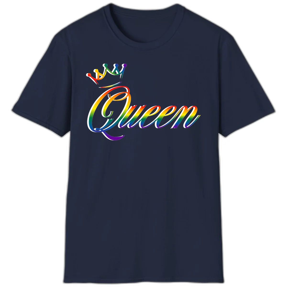 Rainbow queen pride design with four connected figures in pride colors and gradient text in Navy