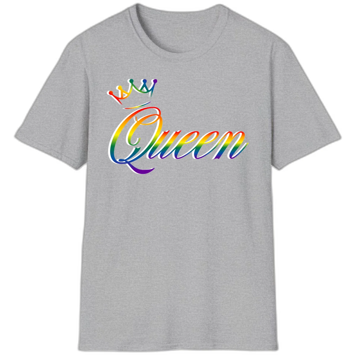 Rainbow queen pride design with four connected figures in pride colors and gradient text in Sport Grey
