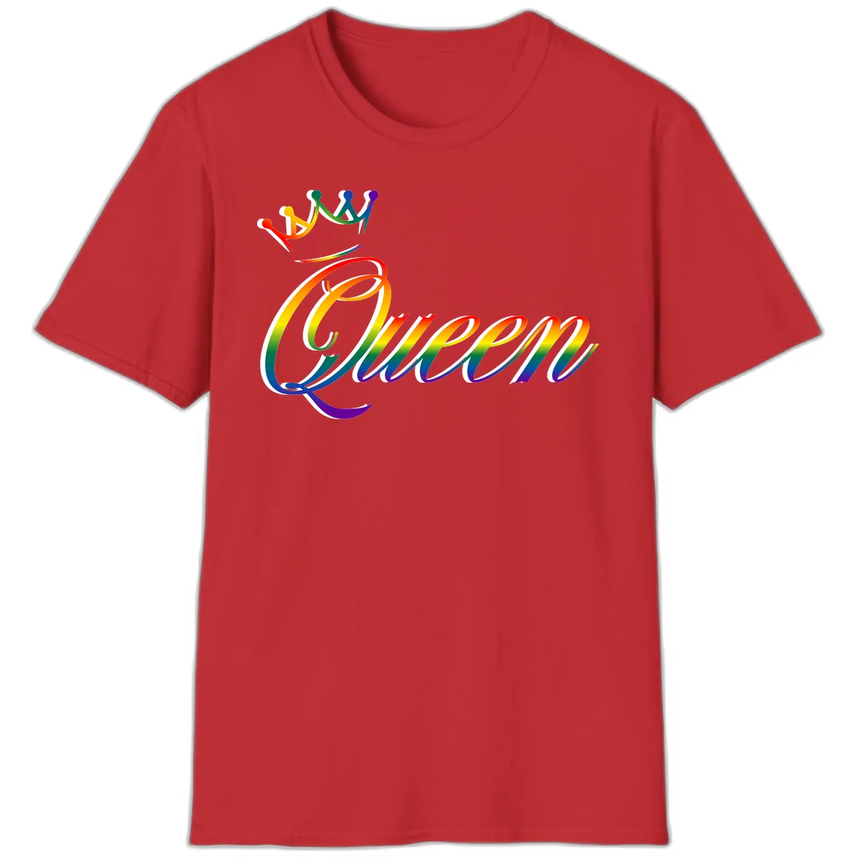 Rainbow queen pride design with four connected figures in pride colors and gradient text in Red
