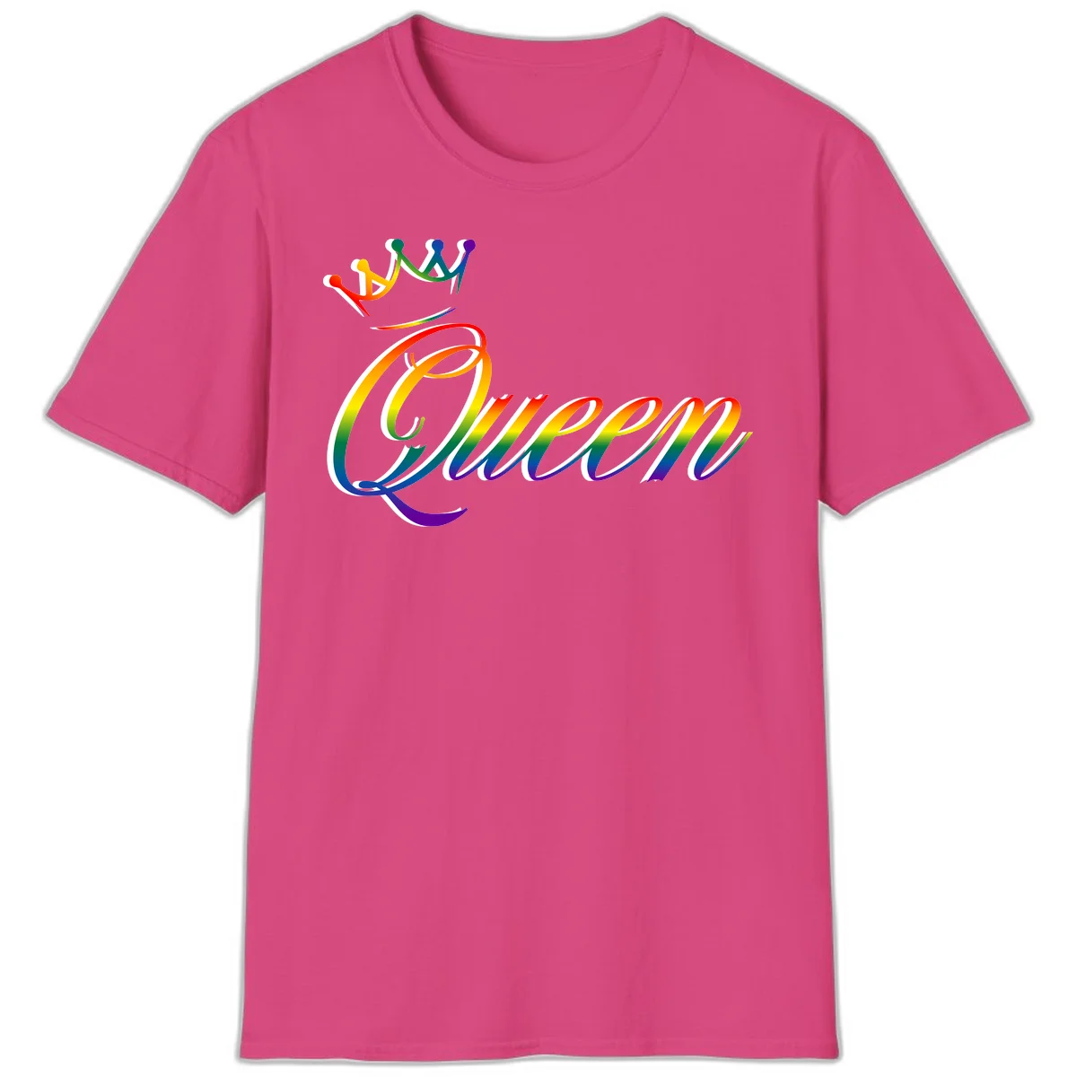 Rainbow queen pride design with four connected figures in pride colors and gradient text in Heliconia