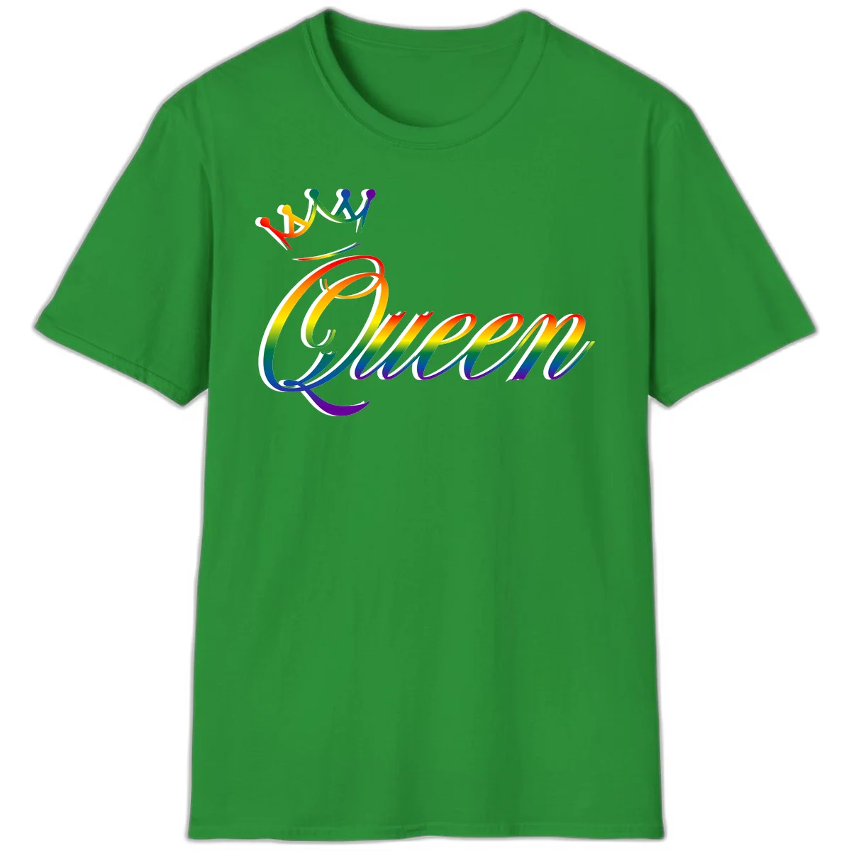 Rainbow queen pride design with four connected figures in pride colors and gradient text in Irish Green