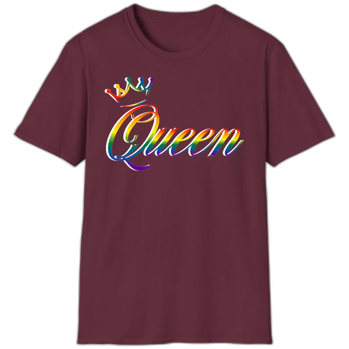 Rainbow queen pride design with four connected figures in pride colors and gradient text in Maroon
