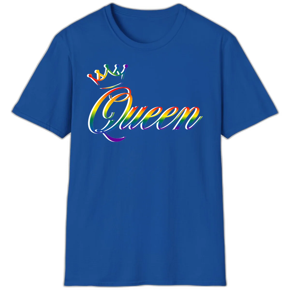 Rainbow queen pride design with four connected figures in pride colors and gradient text in Royal