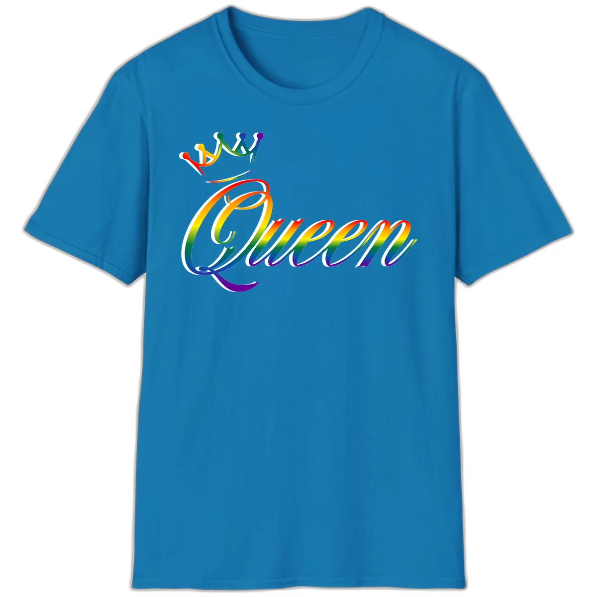 Rainbow queen pride design with four connected figures in pride colors and gradient text in Sapphire