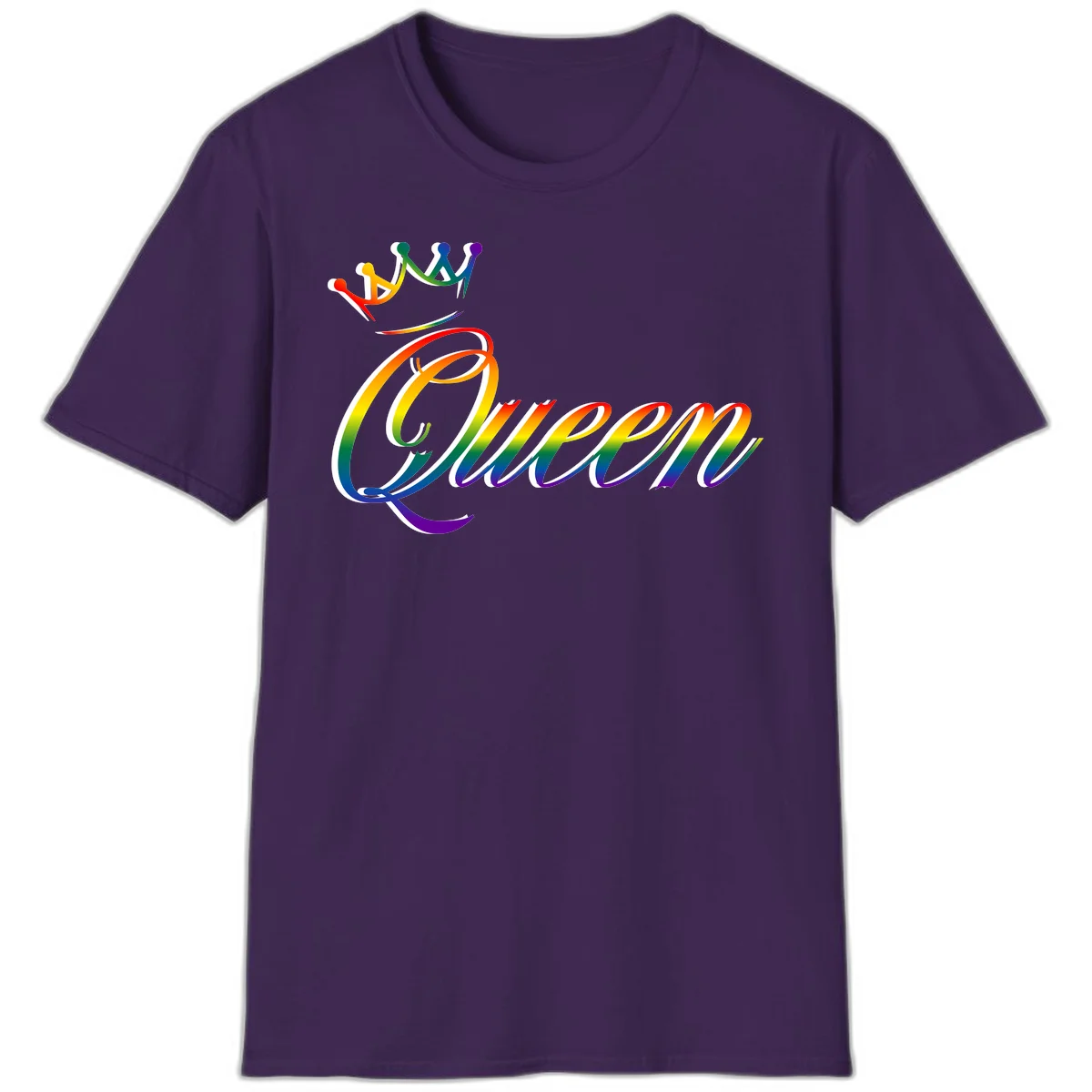 Rainbow queen pride design with four connected figures in pride colors and gradient text in Purple