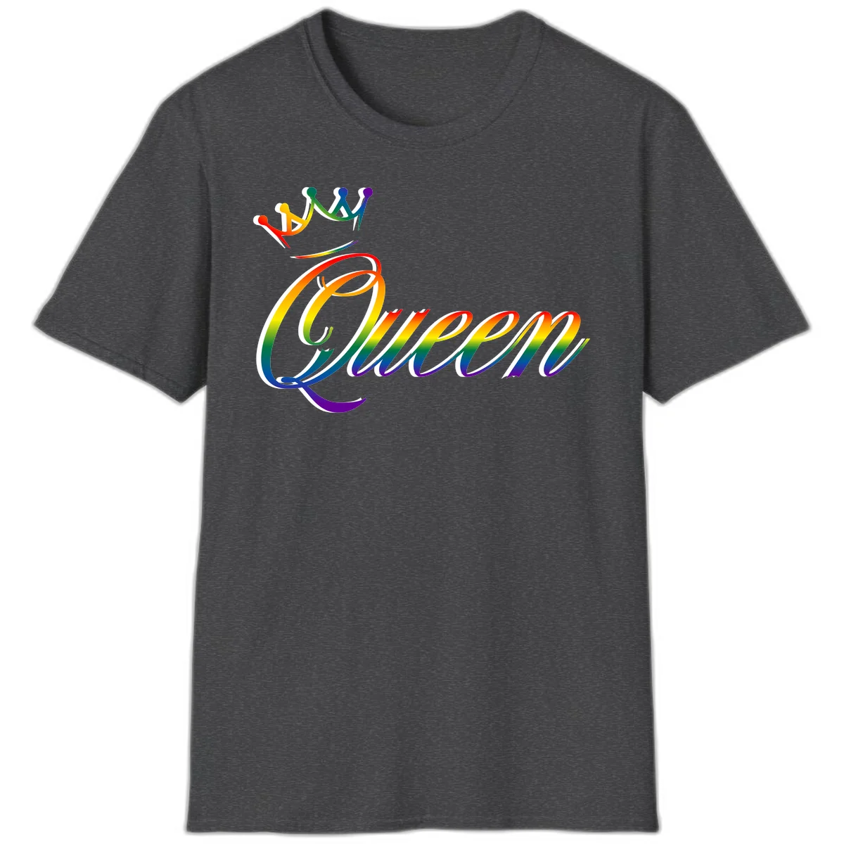 Rainbow queen pride design with four connected figures in pride colors and gradient text in Dark Heather