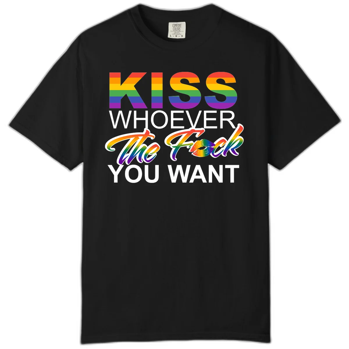 Rainbow pride flag design with kiss-whoever-you-want message, colorful lips graphic, and bold text celebrating LGBTQ love and acceptance in Black