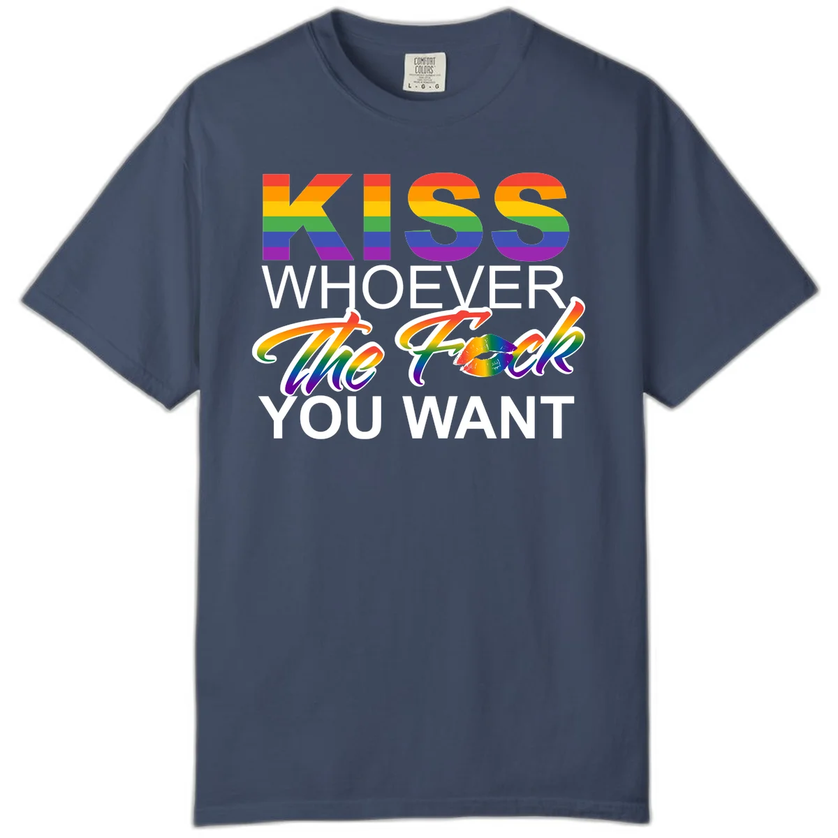 Rainbow pride flag design with kiss-whoever-you-want message, colorful lips graphic, and bold text celebrating LGBTQ love and acceptance in Midnight