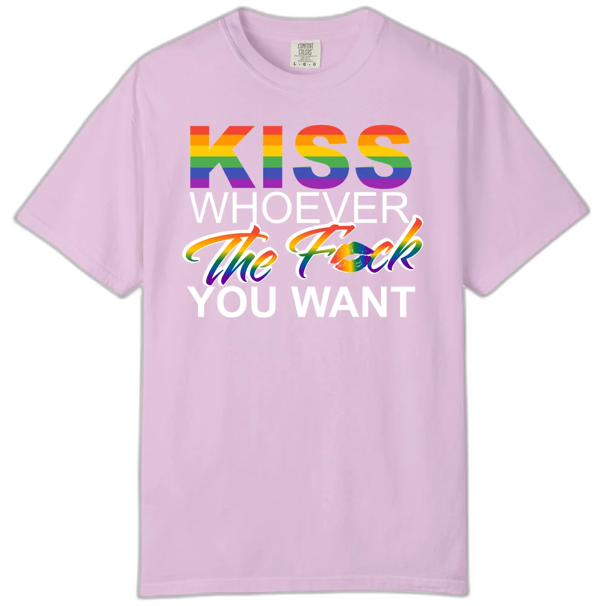 Rainbow pride flag design with kiss-whoever-you-want message, colorful lips graphic, and bold text celebrating LGBTQ love and acceptance in Orchid